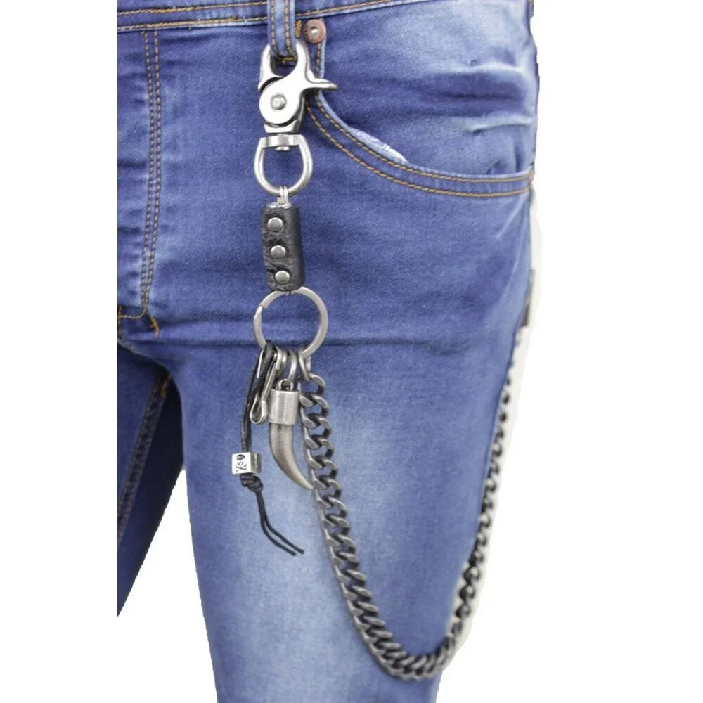 New Men Silver Metal Wallet Chain Bull Long Horn Western Skull Charm Biker Bold